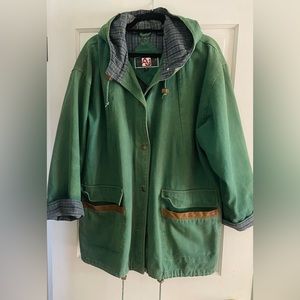 Vintage 90s Andy Johns size Large Plaid Lined Denim Jacket with Leather Trim